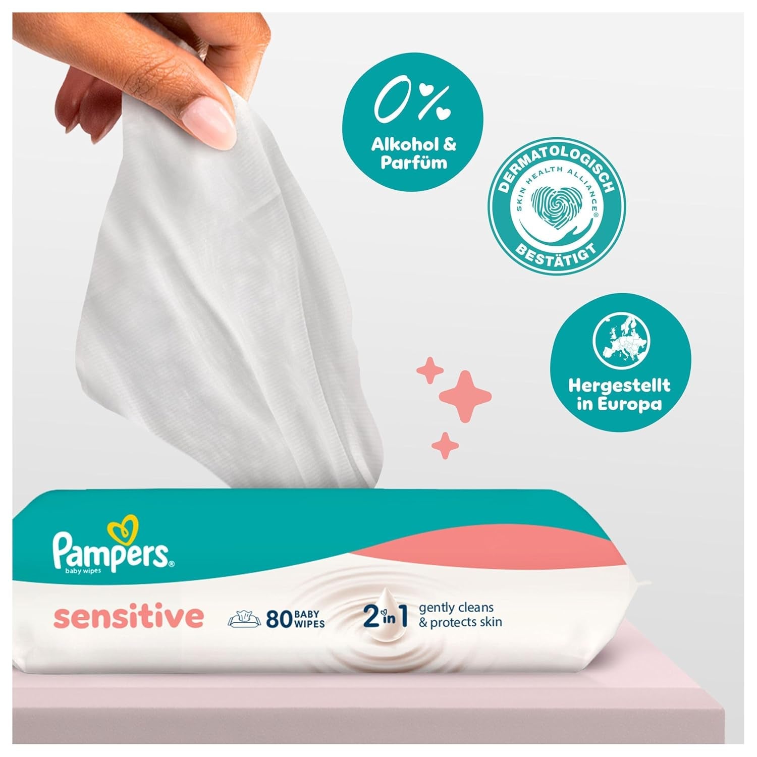 Pampers Sensitive Wet Wipes, 6 Packungen à 80 Tücher = 480 Tücher, parfümfrei, für sanfte, schonende Reinigung