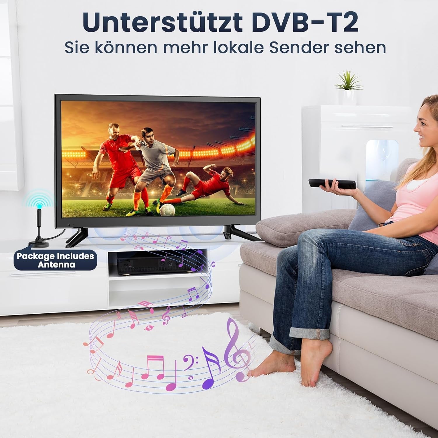 DESOBRY Mini TV 22 inch 1080P cu DVD Player Integrat, Tuner DVB-T2 Integrat, cu Antenă, Intrare HDMI/USB/AV – Combinație TV-DVD 12V pentru Autorulote, Bucătării și Camere Mici