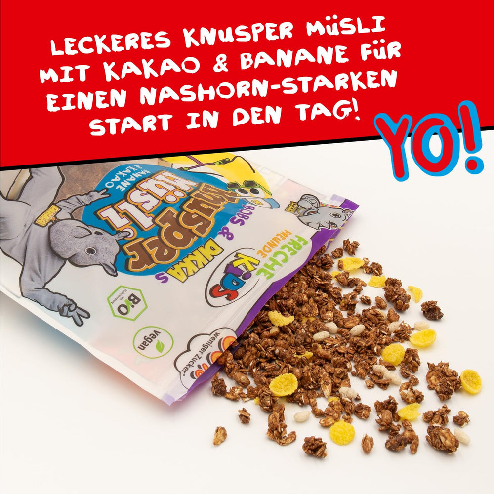 FRECHE FREUNDE KIDS, Bobs & DIKKAs Knuspriges Bananen-Kakao-Müsli, knuspriges Schokoladen-Müsli für Kinder, wenig Zucker, ohne Zusatzstoffe, 100 % vegan, 6 Stück (6 x 280 g)