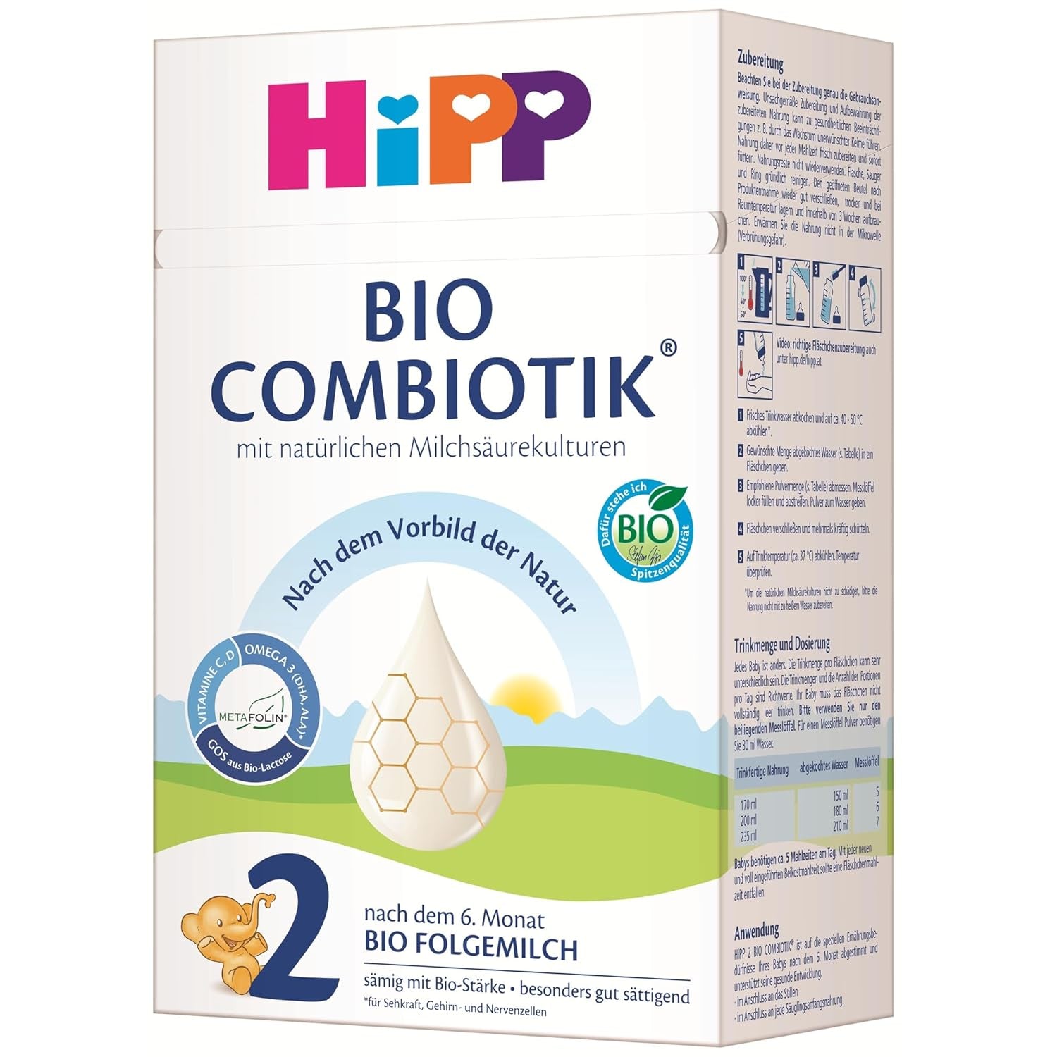 HiPP 2 Bio Combiotik (4 x 600g), Folgemilch nach 6 Monaten, mit Stärke, natürlichen Milchsäurekulturen, GOS, Omega-3 (DHA, ALA), in bester Bio-Qualität