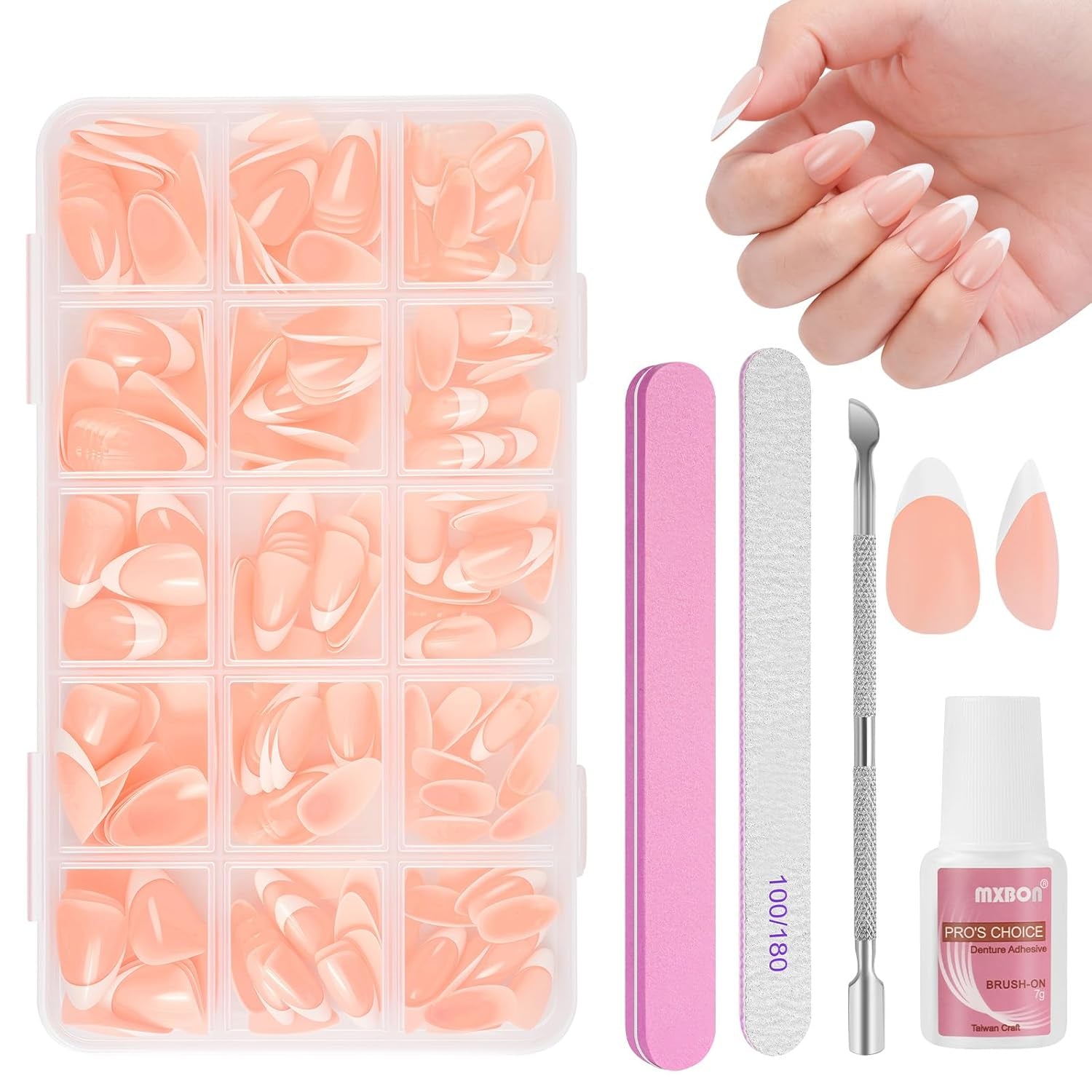 Set de 240 de vârfuri pentru unghii false, unghii false franțuzești pentru lipit, set de unghii franțuzești cu presă, 12 mărimi, unghii false cu lipici pentru femei și bărbați (alb nud mediu migdală)