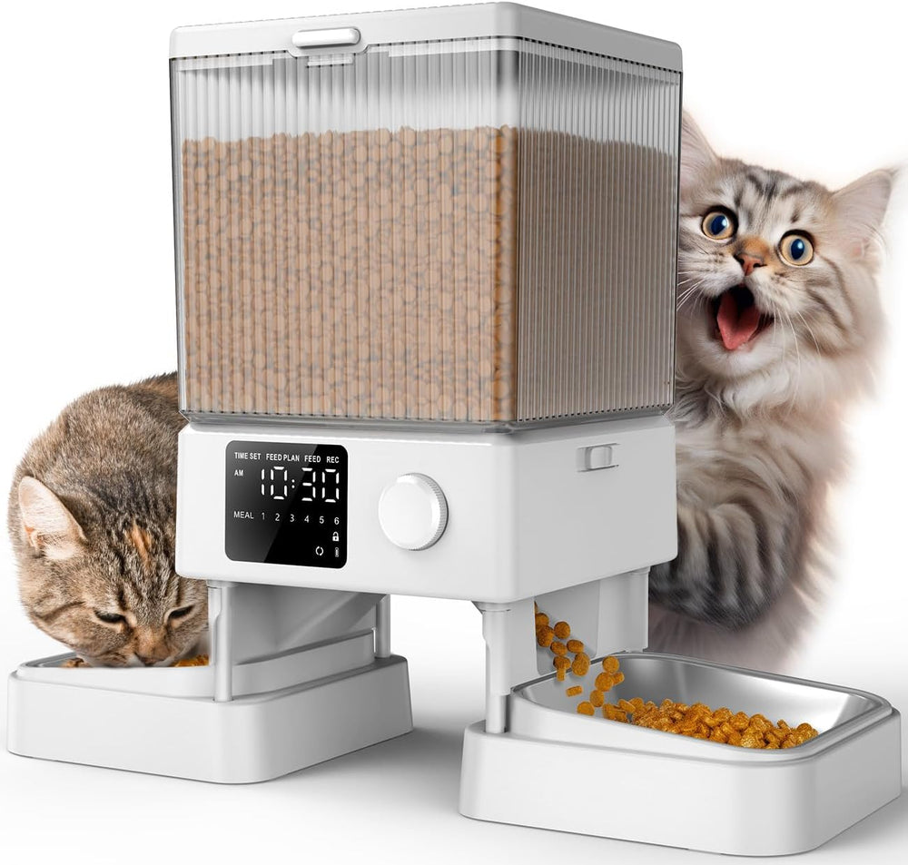 oneisall 5L Futterautomat Katze 2 Näpfe, Katzenfutter Automat mit einem Knopf, Einfache Bedienung, Futterspender für Katzen/Hunde, mit Edelstahlschüssel, Voice Recorder, für kleine/mittlere Haustiere