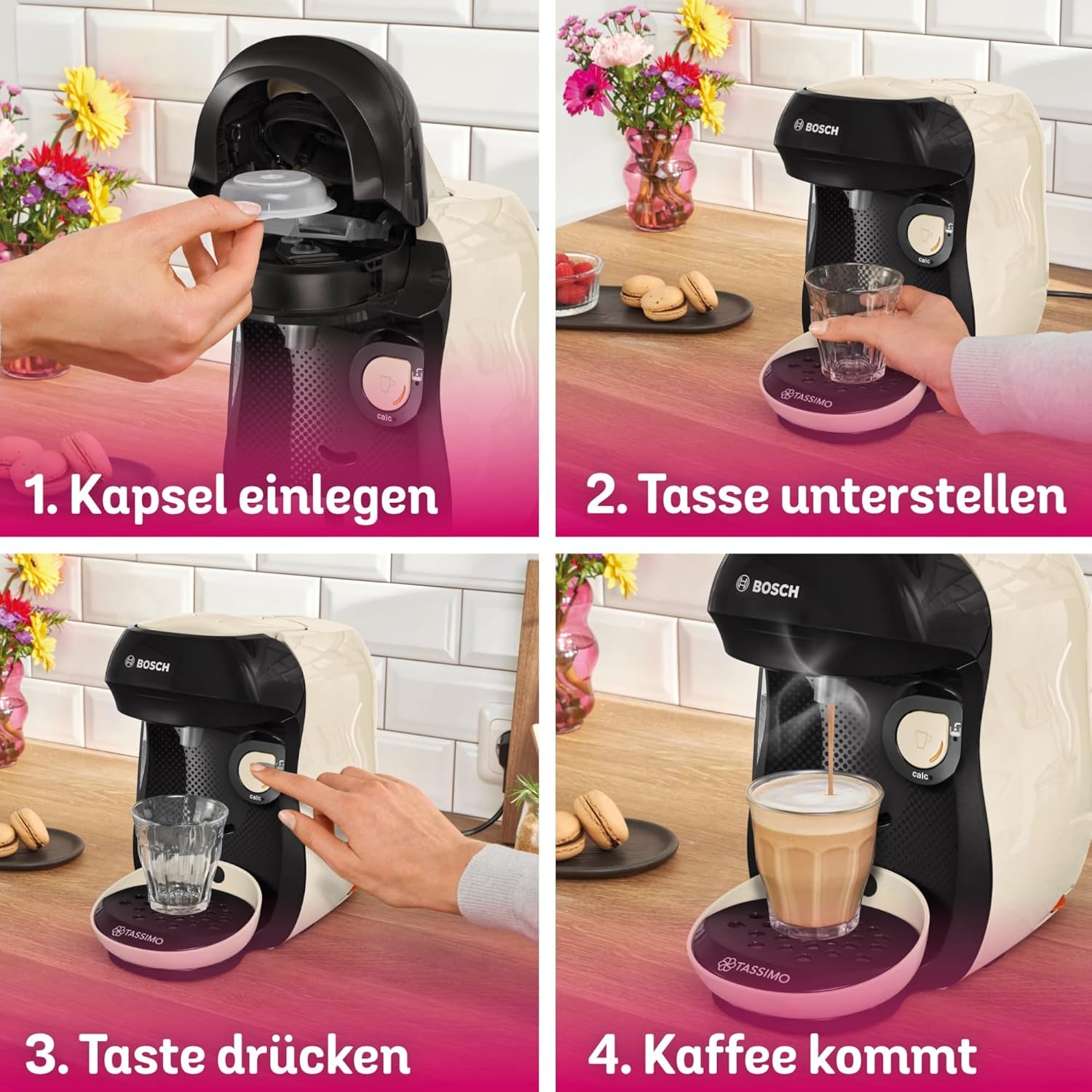 Espressor cu capsule Bosch Tassimo Happy Friendly TAS107E, peste 70 de băuturi, potrivit pentru toate tipurile de cești, oprire automată, sustenabil, dozare perfectă, economie de spațiu, 1400 W, crem/negru