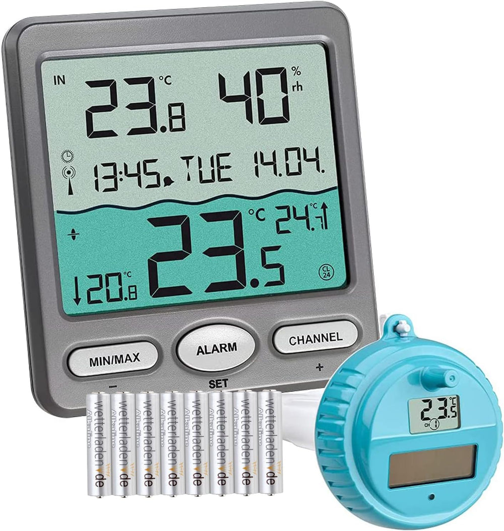 TFA Dostmann Venice Pool-Thermometer, 30.3056.10, zur Überwachung der Wassertemperatur in Schwimmbädern, Teichen oder Whirlpools, kabelloses digitales Pool-Thermometer, grau, L 116 x B 24 (65) x H 126 mm