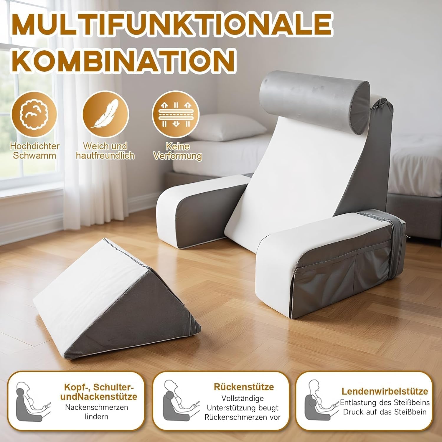 Pernă de citit cu suport pentru gât și cotieră detașabile, pernă de spate confortabilă și ușoară pentru pat și canapea, pernă de spate pentru adulți, spătar din spumă cu memorie pentru citit, vizionat la televizor și jocuri video