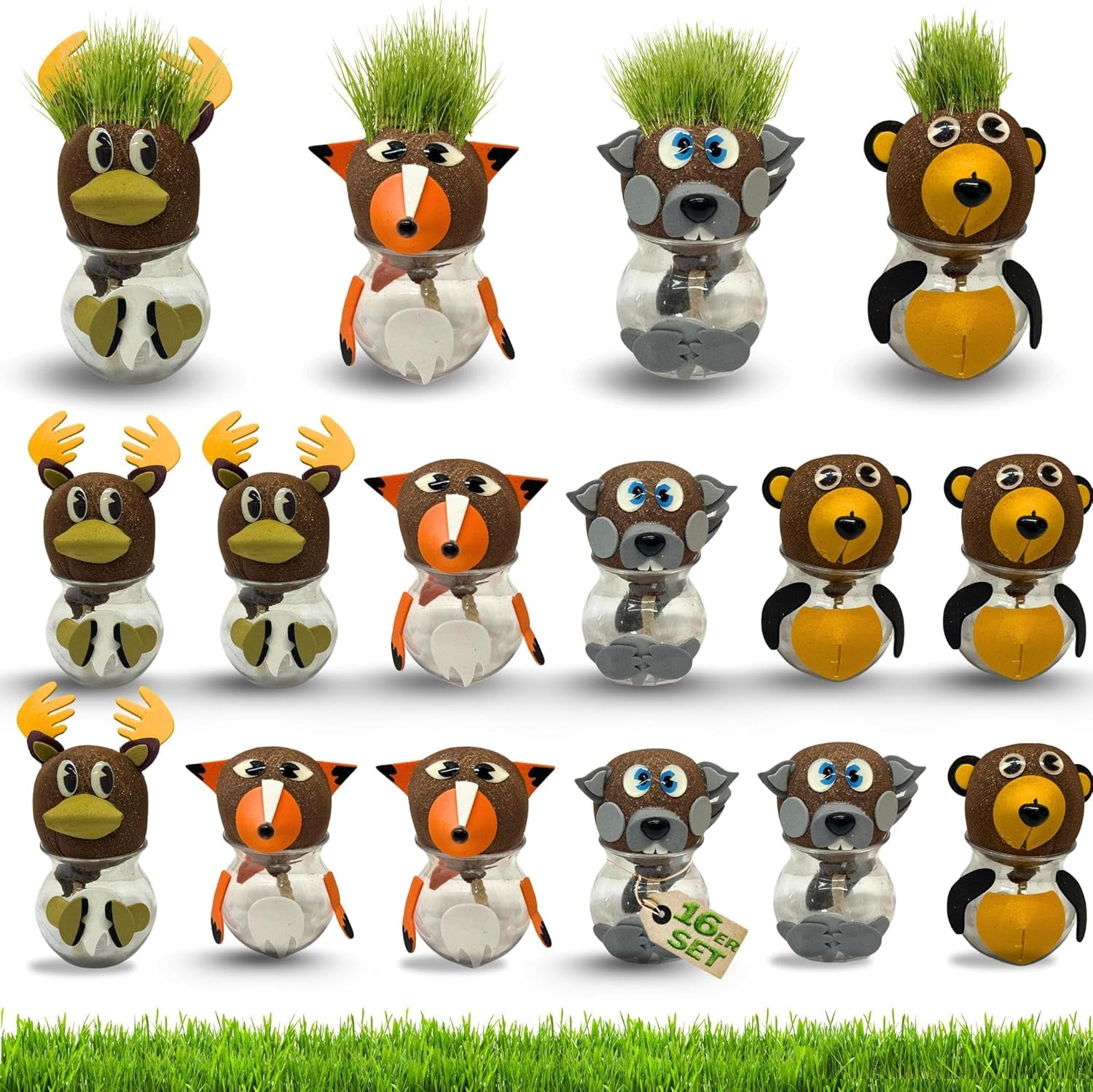 Bada Bing Graskopf 4er Set inkl. Wasserbehälter Waldtiere DIY Tiere – Rasenkopf Tierkopf mit Rasensamen – Experiment für Kinder – Spaß mit Lerneffekt – Geschenk Mitbringsel Kindergeburtstag Mitgebsel