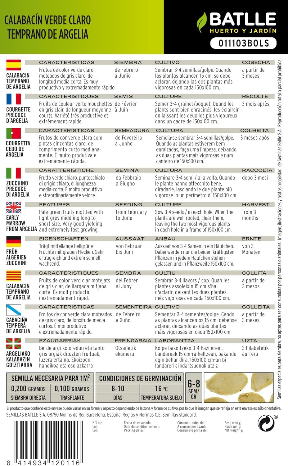Batlle Gemüsesamen - Frühzuchhini Aus Algerien (60-80 Samen)