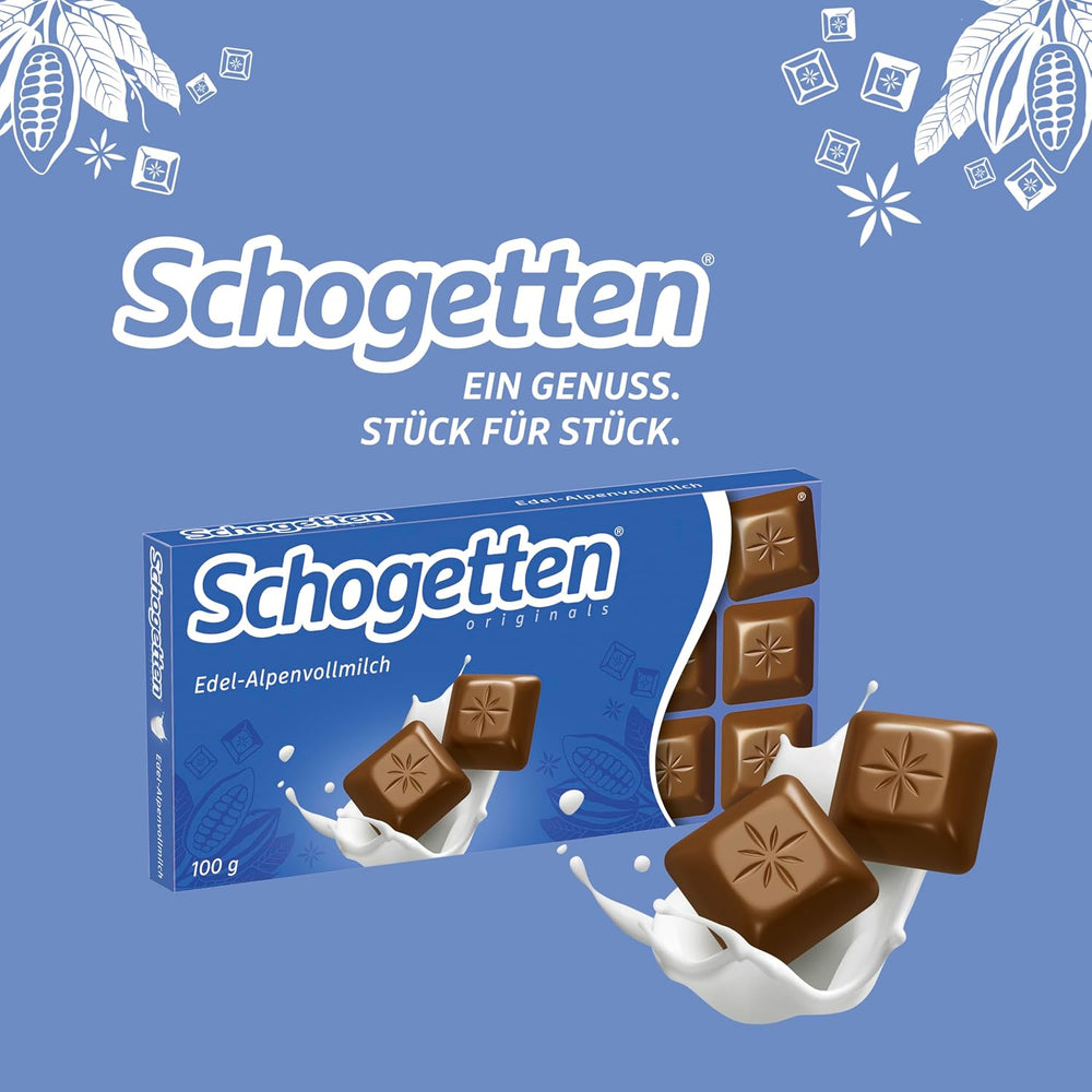 Schogetten Premium Alpenmilch Schokoladentafel, 100g, einzeln portioniert. Eine Freude. Stück für Stück.