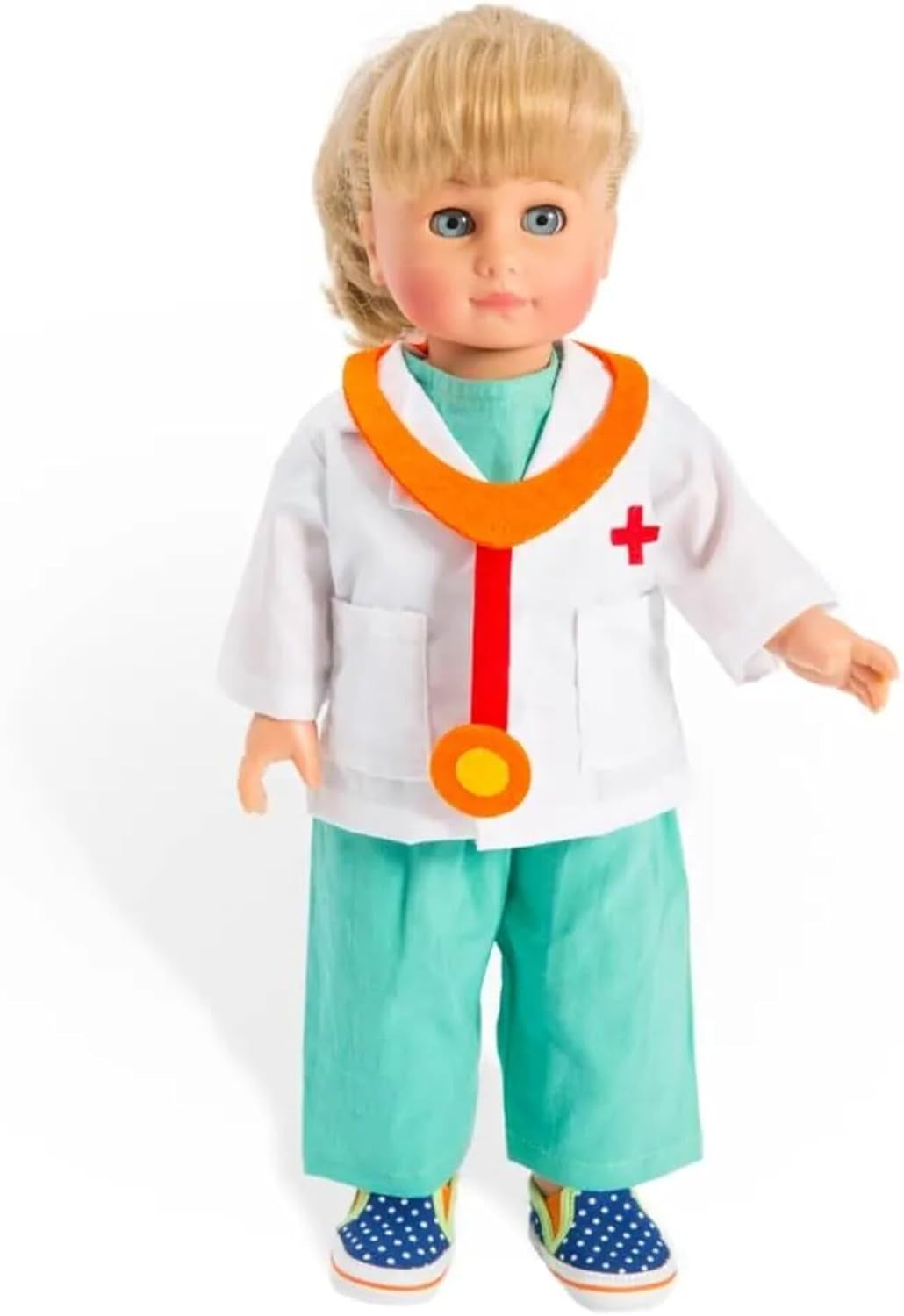 Heless 1653 - Set de îmbrăcăminte pentru păpuși, costum de doctor format din 4 piese cu pantaloni, cămașă, haină de doctor și stetoscop, mărimea 28 - 35 cm