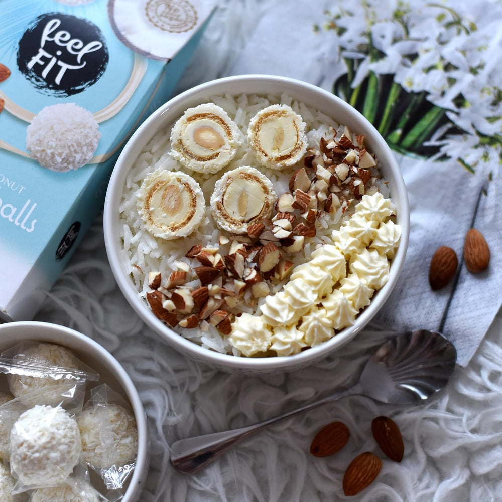 Zuckerfreie Kokospralinen mit Mandeln, Feel FIT, ohne Zuckerzusatz, 17 % Protein, 63 g