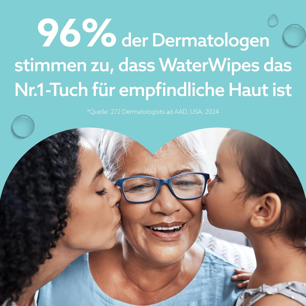 WaterWipes Sensitive+ Feuchttücher für unterwegs, 100 Tücher (10er-Pack), 3-in-1 reinigt, pflegt, schützt, 99,9 % Wasser, parfümfreie Tücher