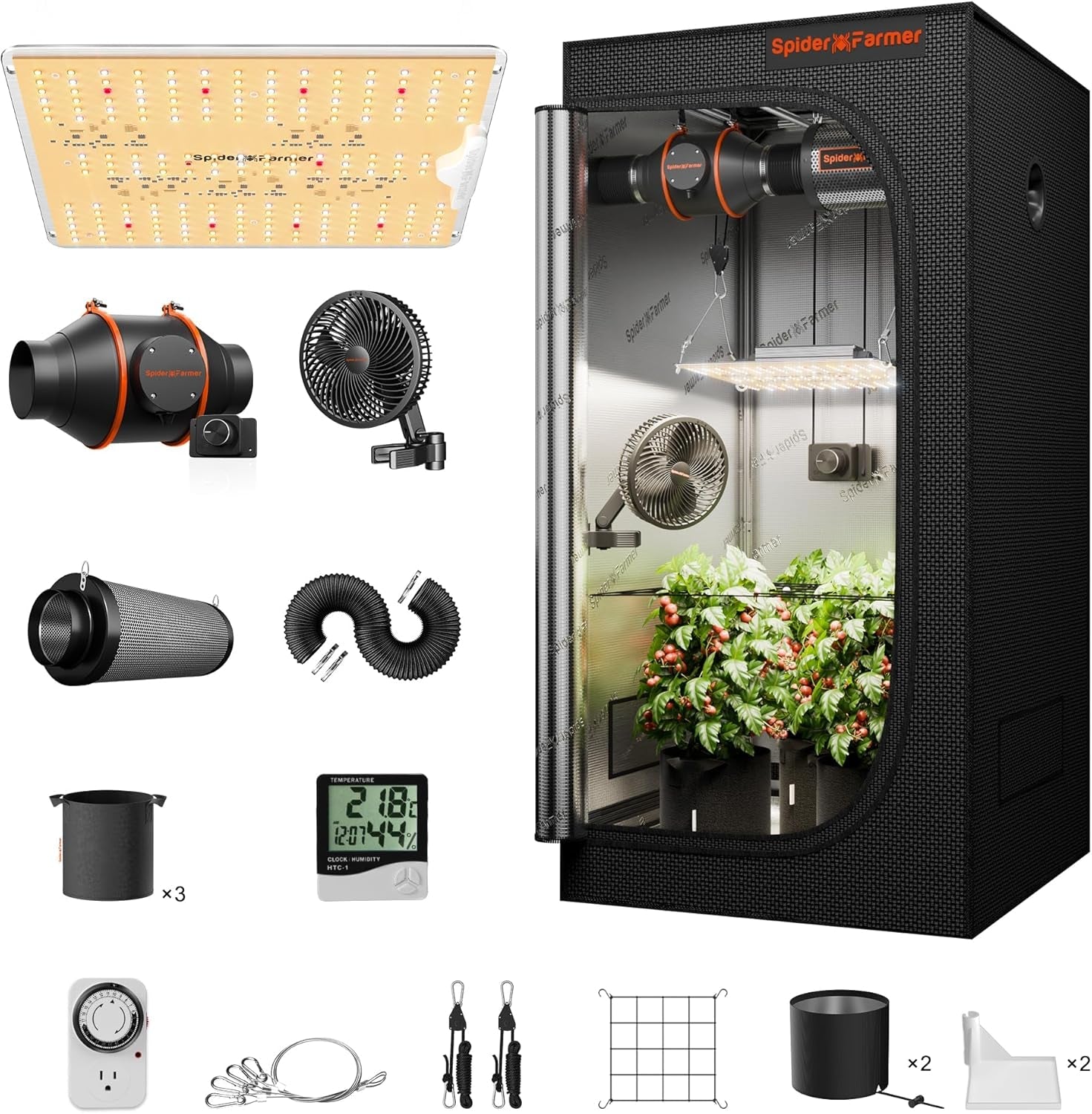 Set complet cort de creștere Spider Farmer SF1000, lampă de creștere LED reglabilă cu spectru complet, diode Samsung LM301H EVO, kit cort de creștere complet 70x70x160cm, set cort de creștere hidroponică, sistem de ventilație
