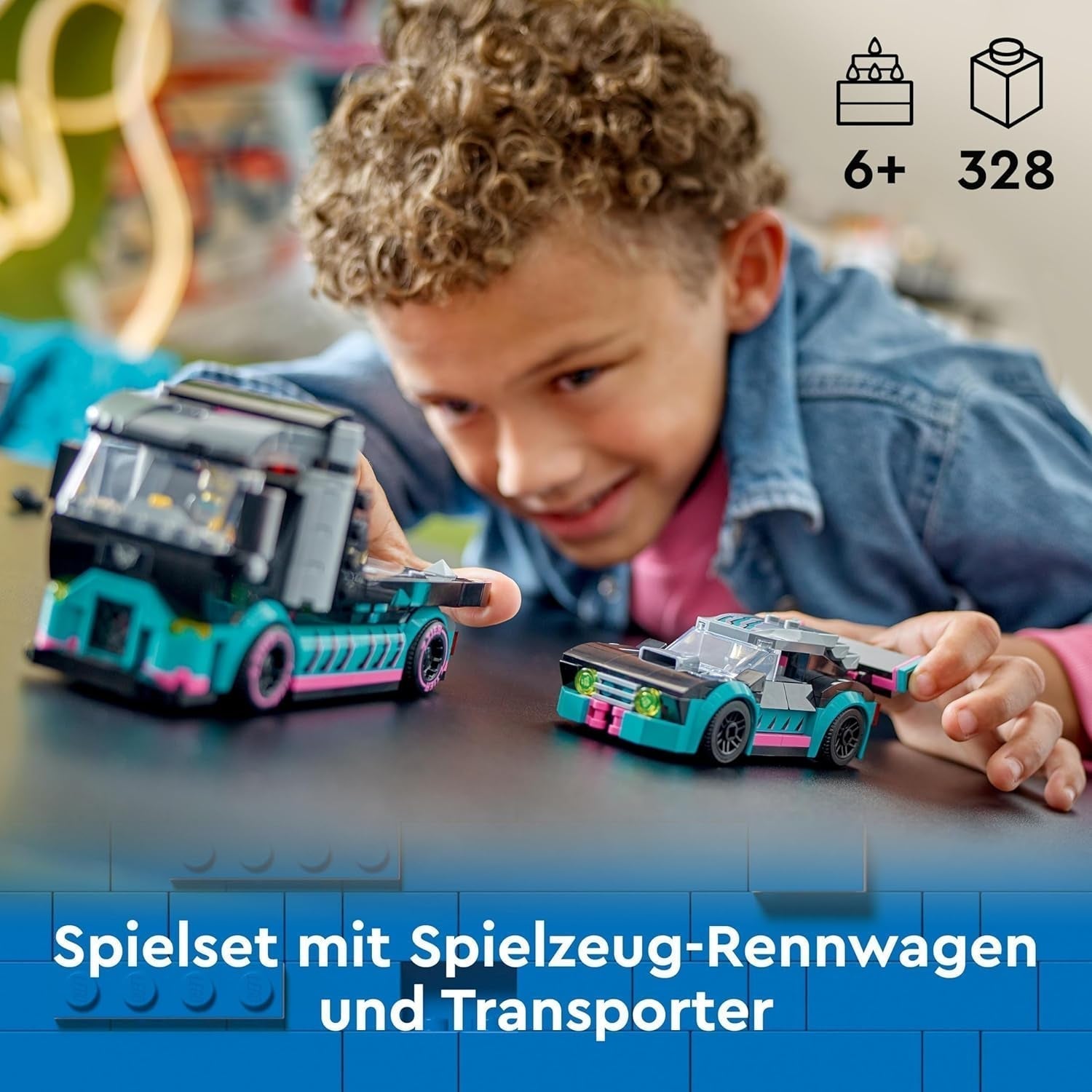 LEGO City Autotransporter mit Rennwagen, Spielzeug-LKW mit verstellbarer Laderampe und Rennwagen, Bauset mit 2 Minifiguren, Rennfahrer und LKW-Fahrer, für Kinder ab 6 Jahren 60406 Bausets Besuchen Sie den LEGO-Store