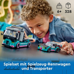 LEGO City Autotransporter mit Rennwagen, Spielzeug-LKW mit verstellbarer Laderampe und Rennwagen, Bauset mit 2 Minifiguren, Rennfahrer und LKW-Fahrer, für Kinder ab 6 Jahren 60406 Bausets Besuchen Sie den LEGO-Store