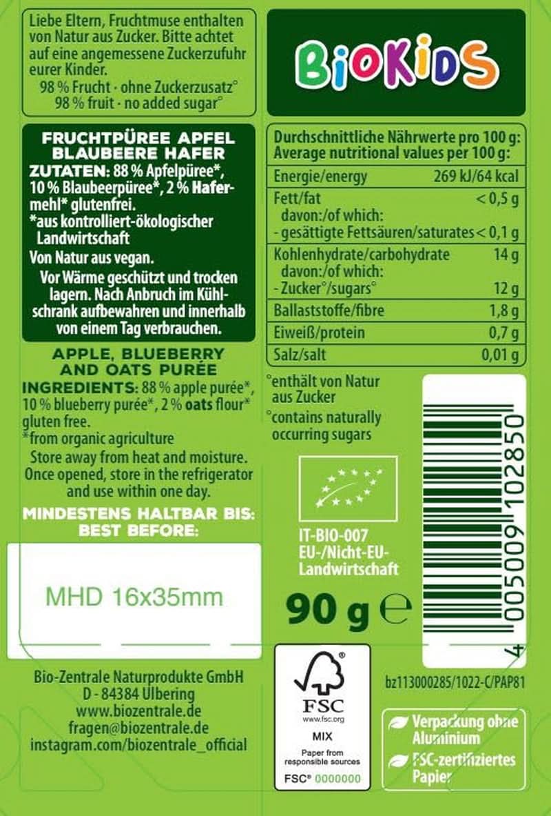 Biozentrale Biokids Fruchtpüree Äpfel Heidelbeeren Hafer | 12X90G | Veganer Frucht-Hafer-Snack | Ohne Zusatz von Kristallzucker Mutter und Kind Naty Shop