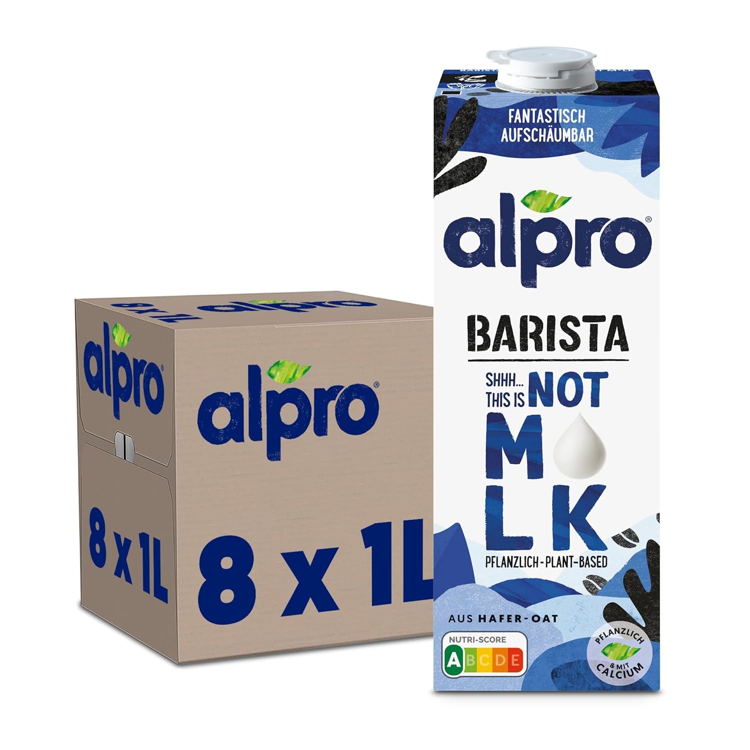 Alpro Barista Haferdrink – Zum Aufschäumen – Vegan und milchfrei – Von Natur aus laktosefrei – Reich an Ballaststoffen, Kalzium und Vitaminen – 8 x 1 L – Haltbar