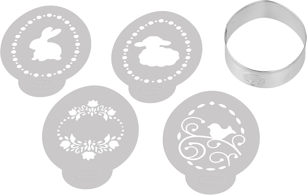 Dr. Oetker Ei-Ausstecher inkl. 4 Deko-Schablonen aus der Serie „Goldiges Ostern“, Keks- und Plätzchenform (Farbe: Silber, Weiß), Menge: 1 x 5er Set