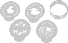 Dr. Oetker Ei-Ausstecher inkl. 4 Deko-Schablonen aus der Serie „Goldiges Ostern“, Keks- und Plätzchenform (Farbe: Silber, Weiß), Menge: 1 x 5er Set