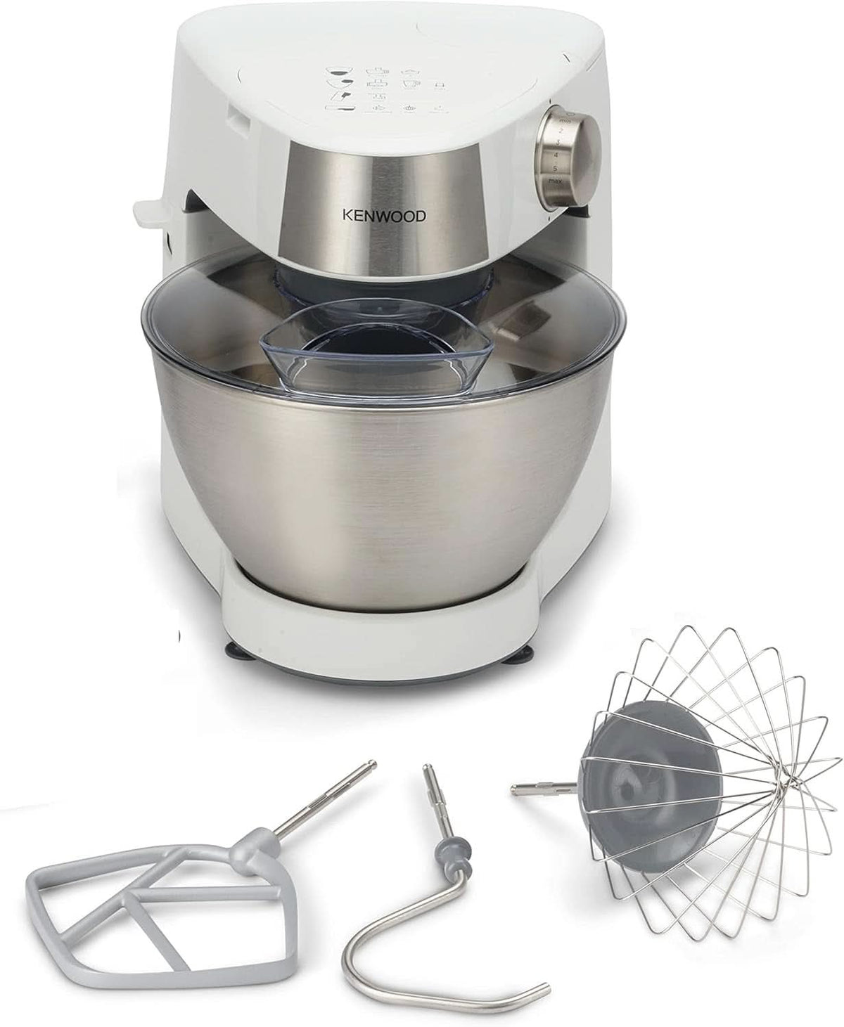 Kenwood Prospero+ KHC29A.R0SI Küchenmaschine, 4.3 L Edelstahlschüssel, Inkl. 10-teiliges Zubehör-Set mit Fleischwolf, Glas-Mixer, Zitruspresse, Entsafter und mehr, inkl. Easyweigh Waage, 1000W, Silber Mutter und Kind Naty Shop Weiß Inkl. 3 Zubehörteile