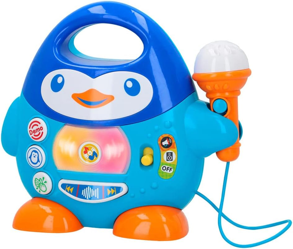 WinFun karaoke music player, design pinguin, cu lumini intermitente și efecte de ecou, în albastru, stil jucăuș, conexiune USB Jucarii Bebe Naty Shop