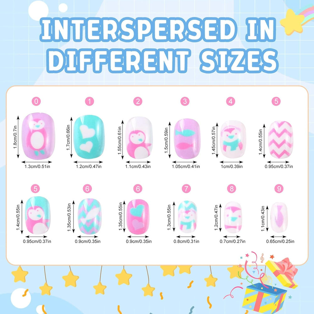 Set de unghii false - 120 de bucăți de unghii autoadezive pentru copii cu lipici de unghii, set de unghii artificiale autoadezive cu acoperire completă, unghii false pentru fete cu mâini mici (colorat A, 120X)