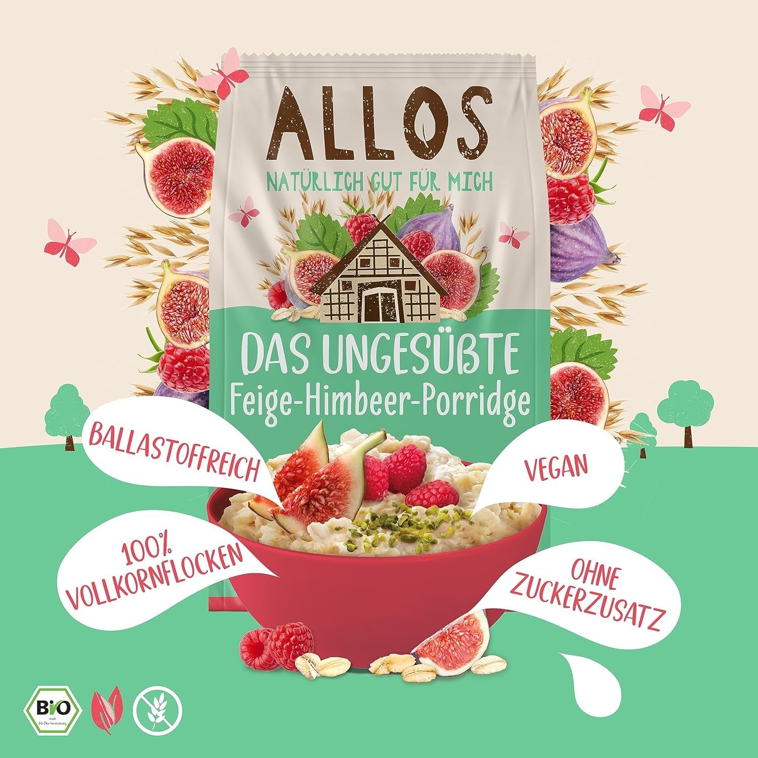 Ungesüßter Allos-Porridge mit Feigen und Himbeeren | Porridge ohne Zucker | Bio-Müsli | Müsli mit Früchten | Haferflocken | Porridge zum Frühstück | Müsli zum Frühstück | Vegan | 6er-Pack (6 x 500 g)