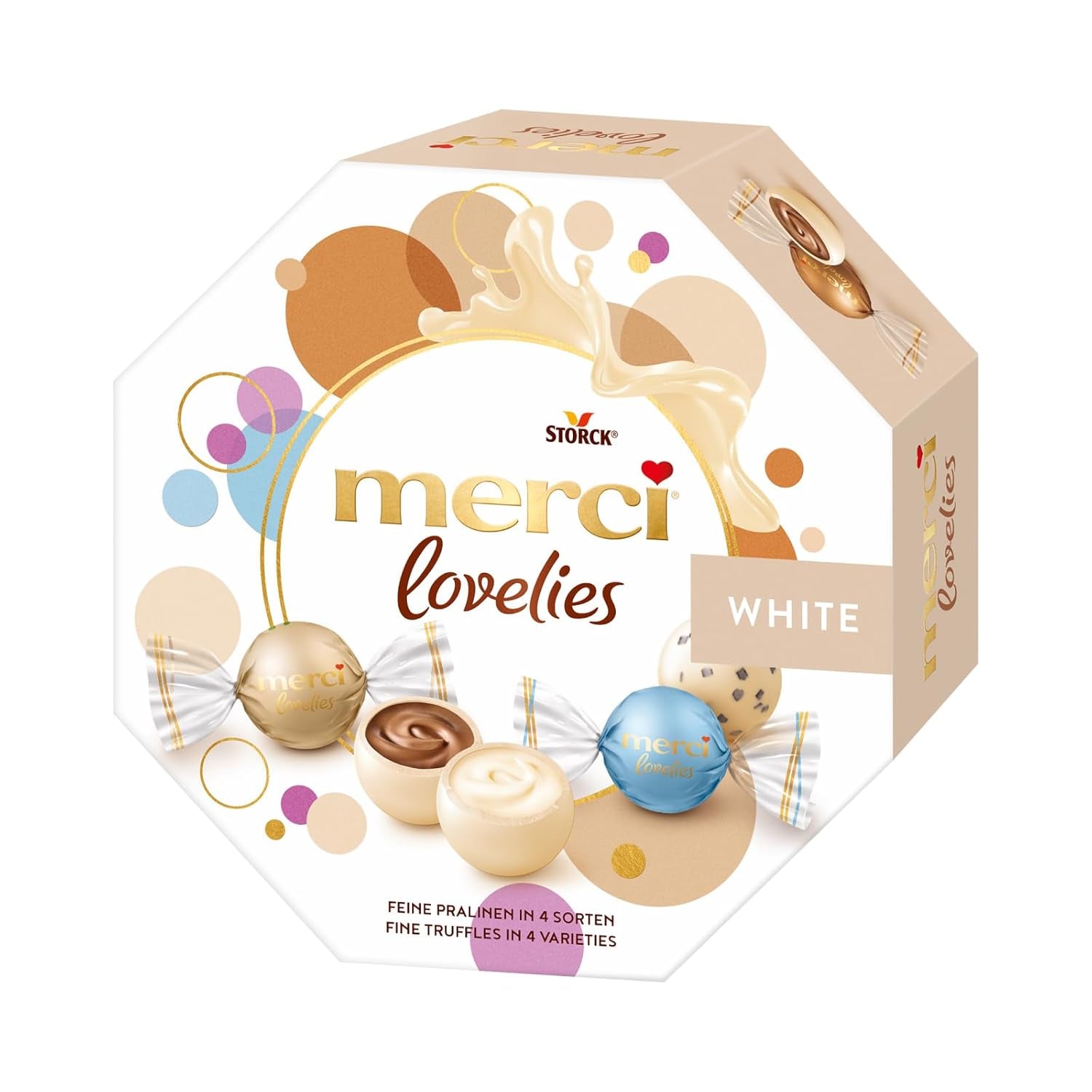 merci lovelies Creamy – 1 x 185g – Pralinenschachtel mit 4 gefüllten Schokoladenspezialitäten – Schokokugeln zum Teilen und Verschenken