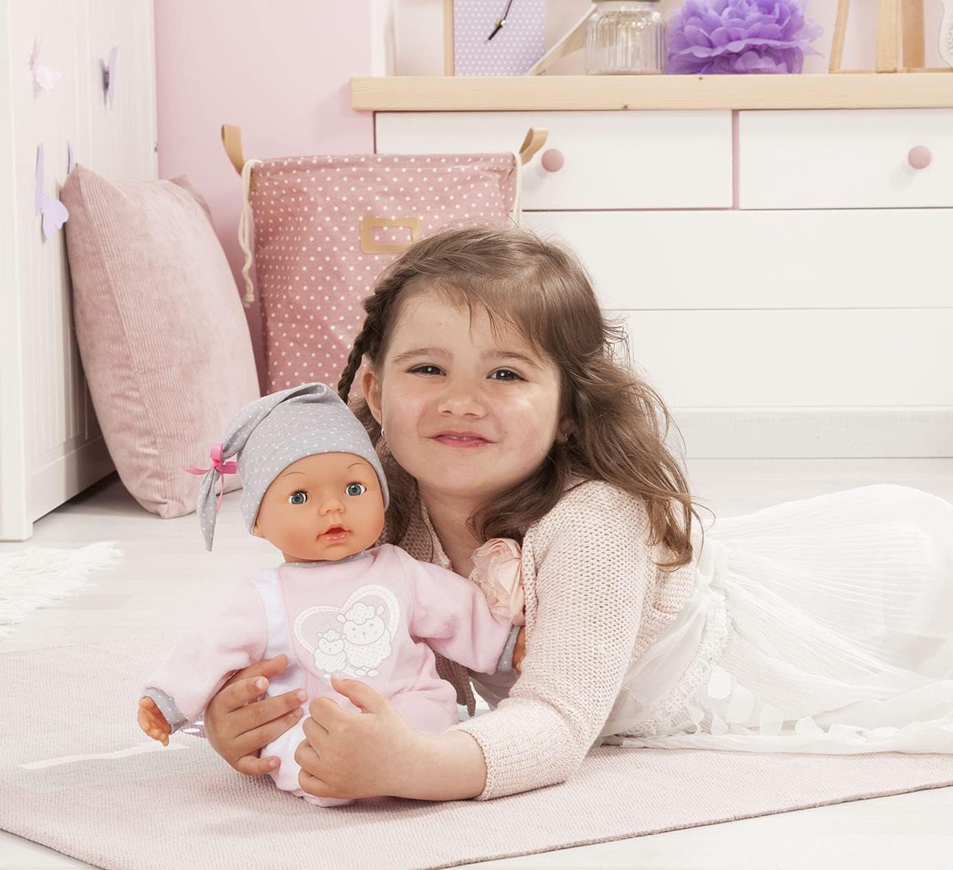 Bayer Design 93829AA Păpușa interactivă My Piccolina cu funcție, Păpușă vorbitoare, Mișcă gura, 38 cm, Suzetă, Biberon, Roz, Gri