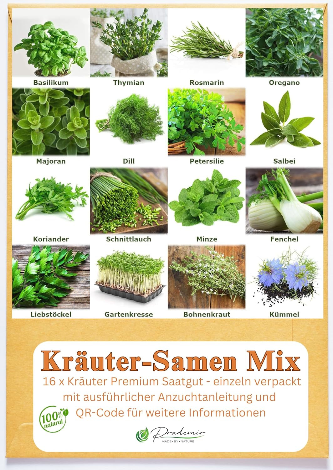 Prademir – Kräutersamen Set aus 16 beliebten Küchenkräutern – Kräuter Anzuchtset mit 100% Natursamen aus Portugal – Kräuter Saatgut aus Oregano, Thymian, Majoran, Rosmarin, Dill, Basilikum, Salbei uvm
