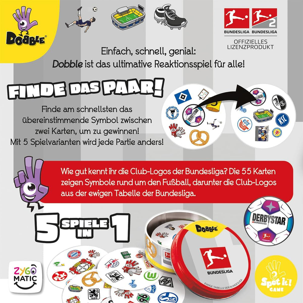 Dobble Bundesliga, Familienspiel, Kartenspiel, 2-8 Spieler, ab 6 Jahren, 15 Minuten, deutsch