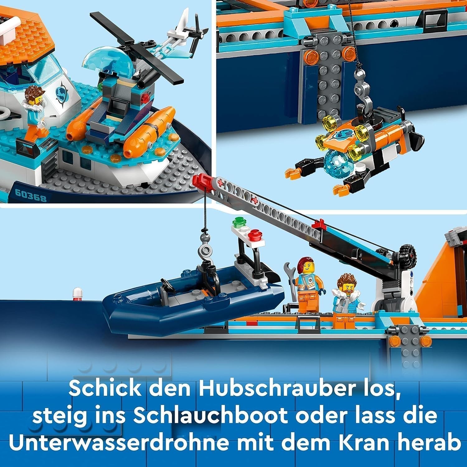 LEGO City Arktisches Forschungsschiff, großes schwimmendes Spielzeugboot mit Hubschrauber, Schlauchboot, Rov-U-Boot, Wikingerwrack, 7 Minifiguren und Orca-Figur, Geschenk für Kinder ab 7 Jahren 60368 Bausets Besuchen Sie den LEGO-Store