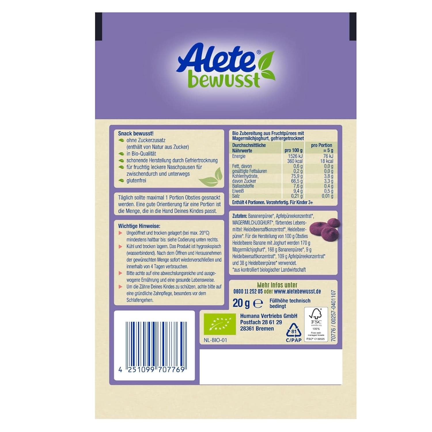 Andere Bewusst Obsties, Blaubeere und Banane mit Joghurt, ab 3 Jahren, gefriergetrocknete Bio-Fruchtchips, 20 Gramm Mutter und Kind Naty Shop