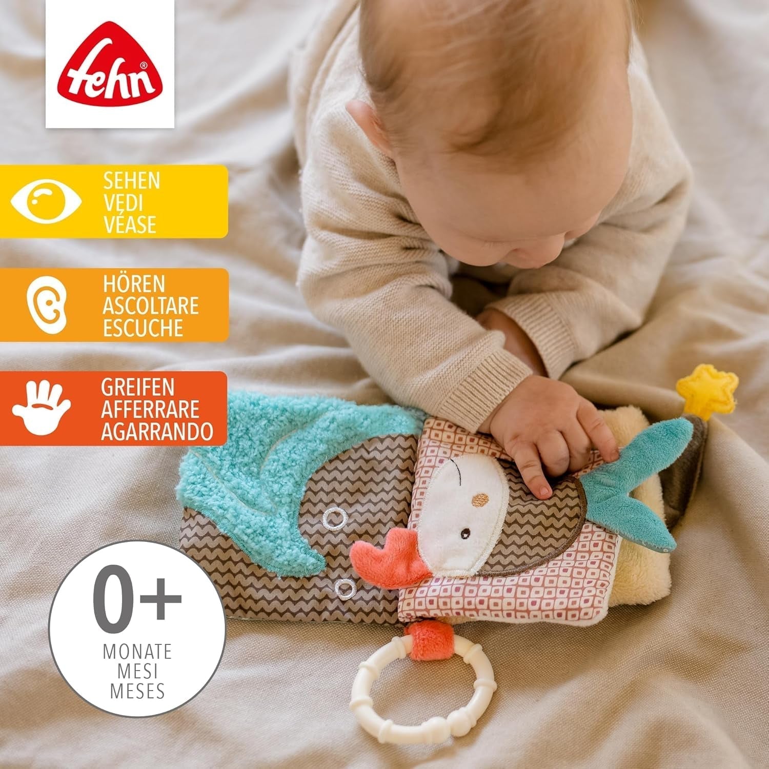 Fehn Soft picture book Bruno - carte moale pentru bebeluși din țesătură cu motive de animale - carte jucărie din țesătură de agățat pentru cărucioare și scaune auto pentru bebeluși - carte cu pocnitori pentru bebeluși și copii de la 0+ luni Jucarii Bebe Naty Shop