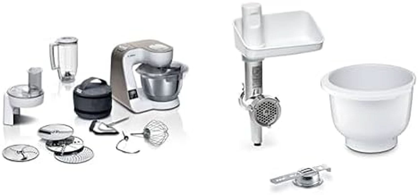 Bosch Serie 4 MUM5X720 Küchenmaschine, integrierte Waage, Edelstahlschüssel 3,9 l, Mixer 1,25 l, 1000 W, Zubehör für Lebensmittel und Stillen, Baby Naty Shop Bundle mit Bakingsensation White Champagne 2 Zubehörteilen