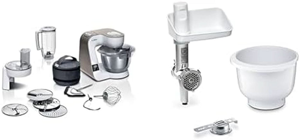 Bosch Serie 4 MUM5X720 Küchenmaschine, integrierte Waage, Edelstahlschüssel 3,9 l, Mixer 1,25 l, 1000 W, Zubehör für Lebensmittel und Stillen, Baby Naty Shop Bundle mit Bakingsensation White Champagne 2 Zubehörteilen
