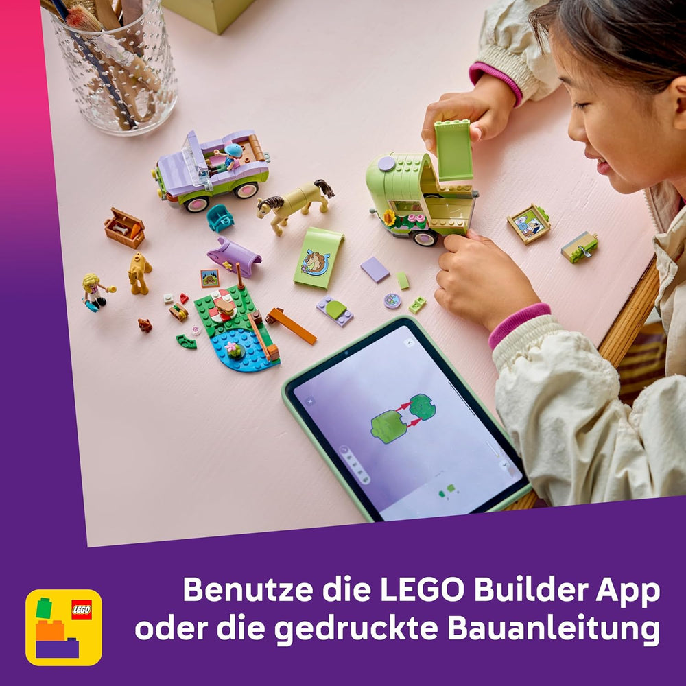 LEGO Friends Pferd und Fohlen mit Pferdeanhänger – Pferde Spieleset mit Pflegezubehör, 4 Tierfiguren, Auto & 2 Mini Puppen – Geschenkeidee zum Geburtstag für Mädchen ab 7 Jahren – 42695