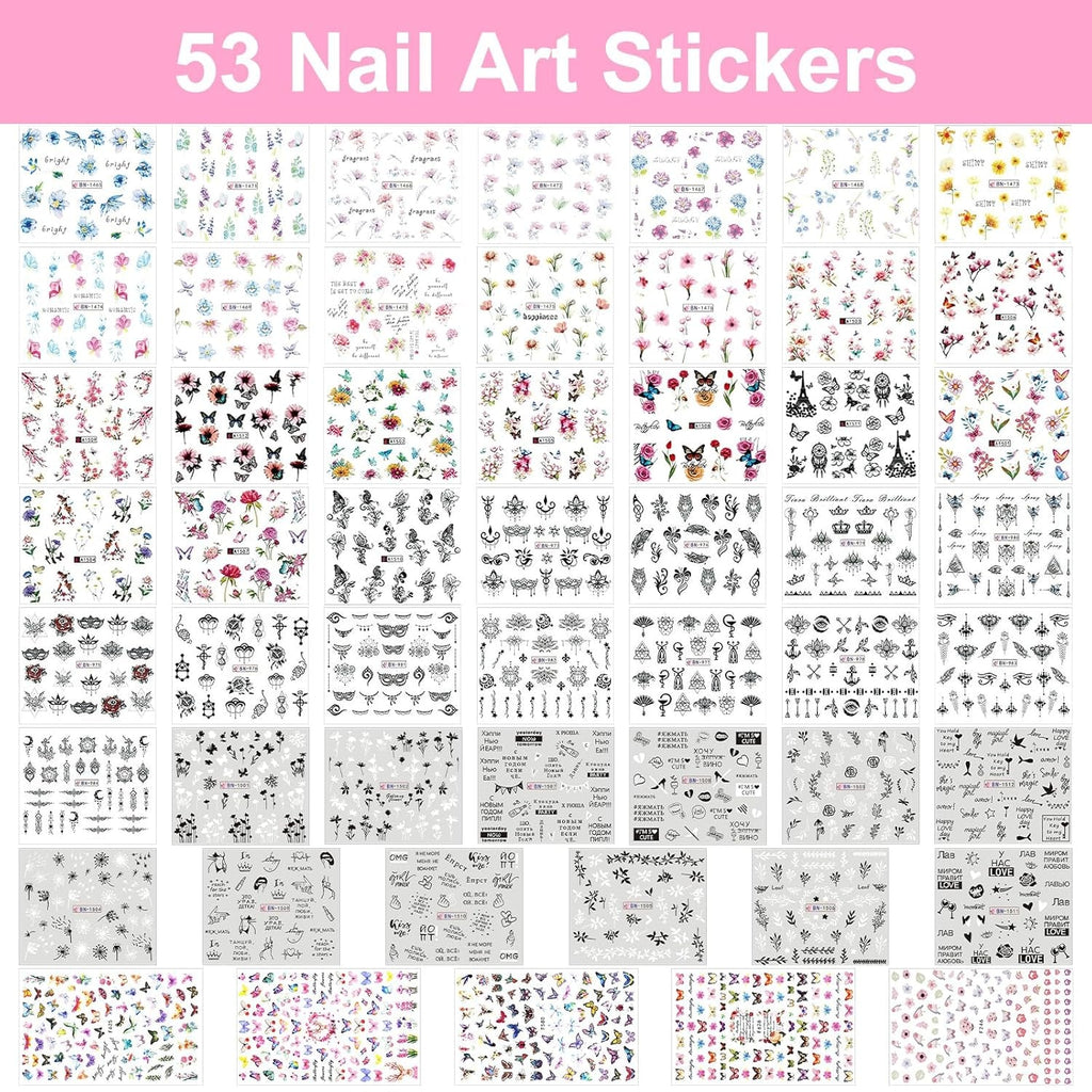 53 Blätter Nagelsticker, Nail Art Pinsel Und Dekorationen Set, 15 PCS Pinsel, 5 PCS Dotted Pens, Strasssteine, Blattgold Für Nagelkunst, Nagel Pailletten, Nagelkunstwerkzeuge Und Dekorationssets