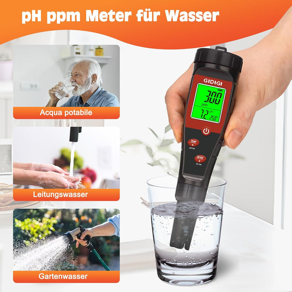 Hydroponisches Wasser-pH-Messgerät, digitaler Wasser-pH-Tester, TDS-Tester, EC-PPM-Test für Pflanzennährstoffe, 4-in-1-Leitfähigkeit, Trinkwasser-pH-Stift, DWC, Zimmerpflanzen