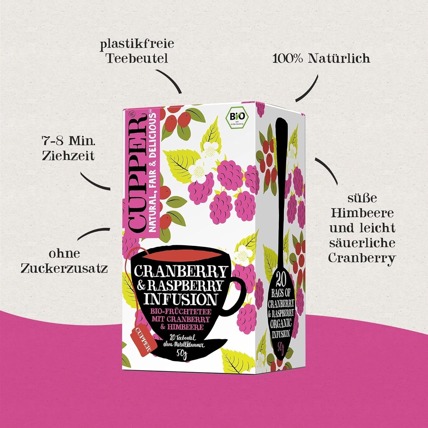 4Er Pack CUPPER Ceai de fructe bio „Cranberry &amp; Raspberry Infusion”, 4X20 pliculețe de ceai nealbe, ecologic, comerț echitabil