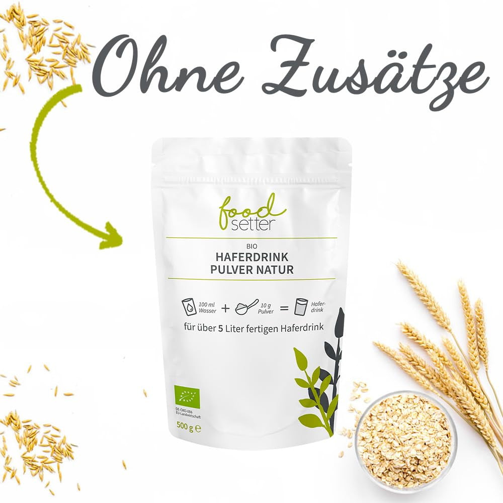 foodsetter Bio Haferdrink Pulver | 500g Beutel | Haferpulver | Instant-Haferpulver | Bio-Qualität | Vegan | Glutenfrei | Ohne Zuckerzusatz | 0,5 kg