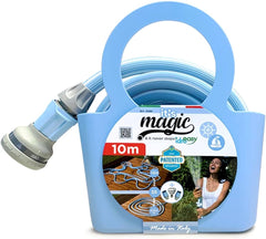 Furtun de grădină Magic Blue, extensibil, de 10 metri, rezistent la noduri și răsucire, cu sac și duză de pulverizare