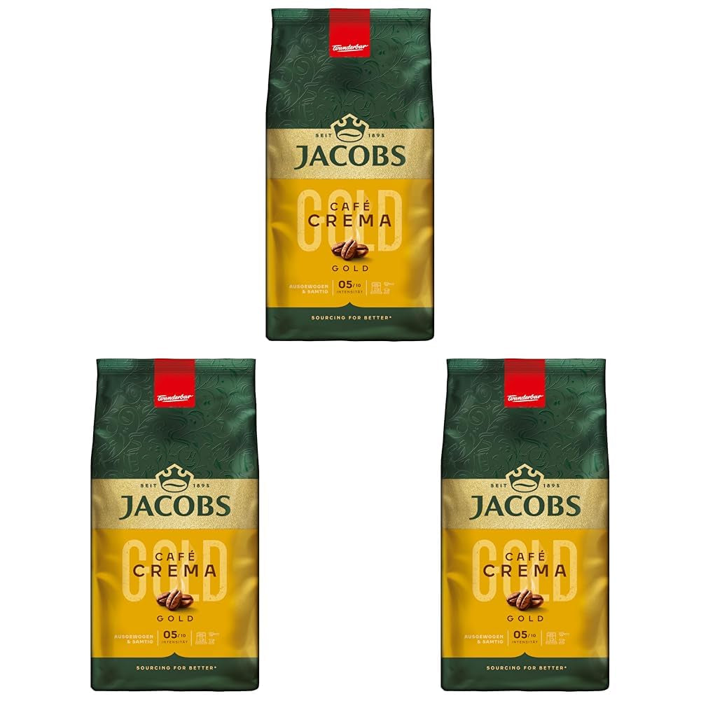 Boabe de cafea Jacobs Café Crema Gold 1kg – Corp plin, aromat, cu note fructate, boabe Arabica și Robusta, intensitate 5/10, ideal pentru Café Crema (pachet de 3)