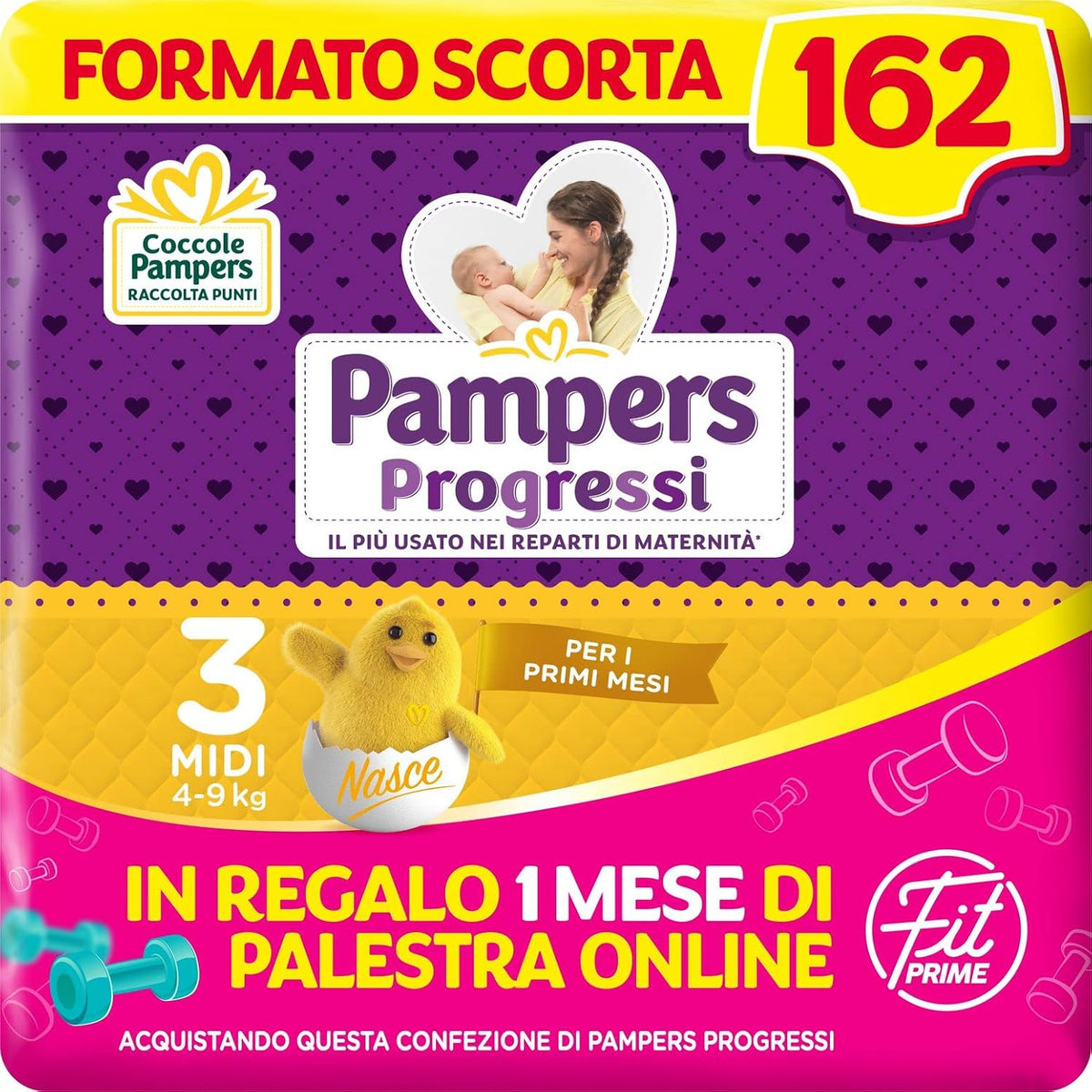 Pampers Progressi & Fit Prime Midi Windeln, Kurzformat, 162 Windeln, Größe 3 (4-9 kg), Online-Mitgliedschaft im Fitnessstudio für 1 Monat als Geschenk