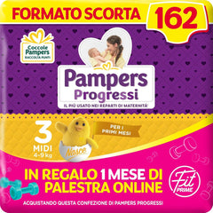 Pampers Progressi & Fit Prime Midi Windeln, Kurzformat, 162 Windeln, Größe 3 (4-9 kg), Online-Mitgliedschaft im Fitnessstudio für 1 Monat als Geschenk