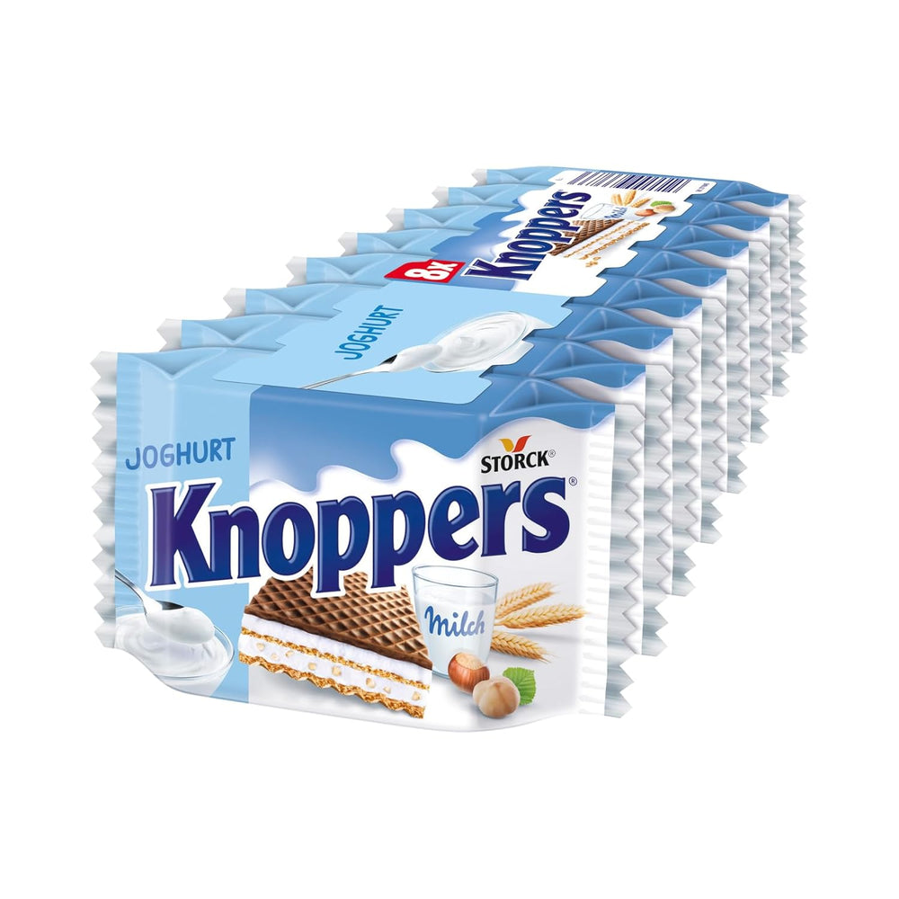 Weiße und schwarze Knoppers – 8 x 25 g – Waffelscheiben gefüllt mit dunklen Kakaowaffeln, schwarzen Keksstücken, Milch und Nougatcreme