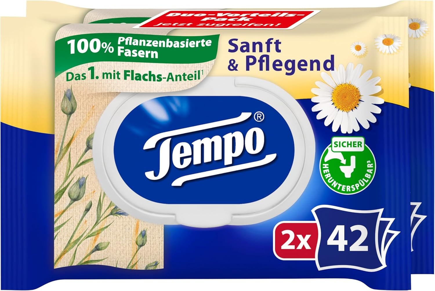 Șervețele umede de toaletă Tempo "Gentle & Caring" - Megapack - 16 pachete a câte 42 de șervețele - Duo Packs - cu mușețel natural - hârtie igienică, testată dermatologic și neutră față de Ph-ul pielii