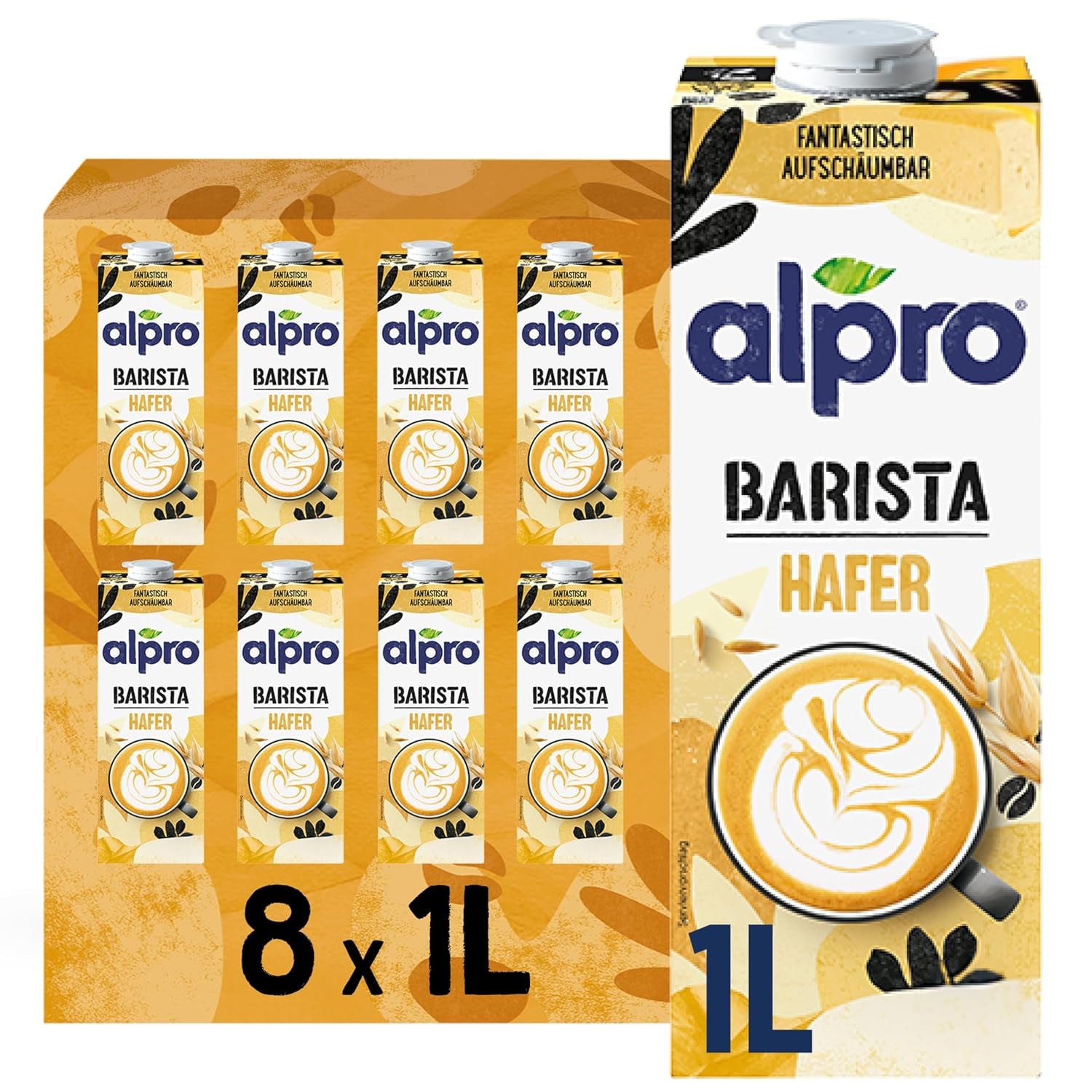 Alpro Barista Haferdrink – Zum Aufschäumen – Vegan und milchfrei – Von Natur aus laktosefrei – Reich an Ballaststoffen, Kalzium und Vitaminen – 8 x 1 L – Haltbar