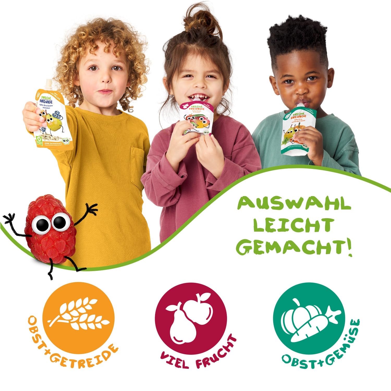 FRECHE FREUNDE Bio-Fruchtbeutel zum Quetschen, Apfel, Zimt, Birne, Reis, Dinkel, Fruchtpüree mit Müsli, für Babys ab 6 Monaten, vegan, 6er-Pack (6 x 100 g)