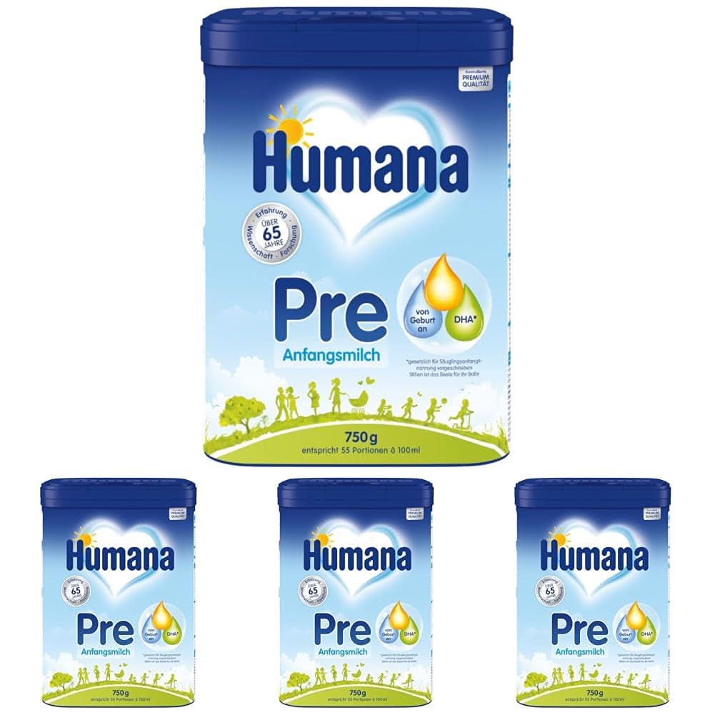 Human Milk Initial PRE, ab der Geburt, Milchpulver für Säuglinge, nur mit DHA und Laktose, 750 g Naty Shop 4 x 750 Gramm Milchpulver