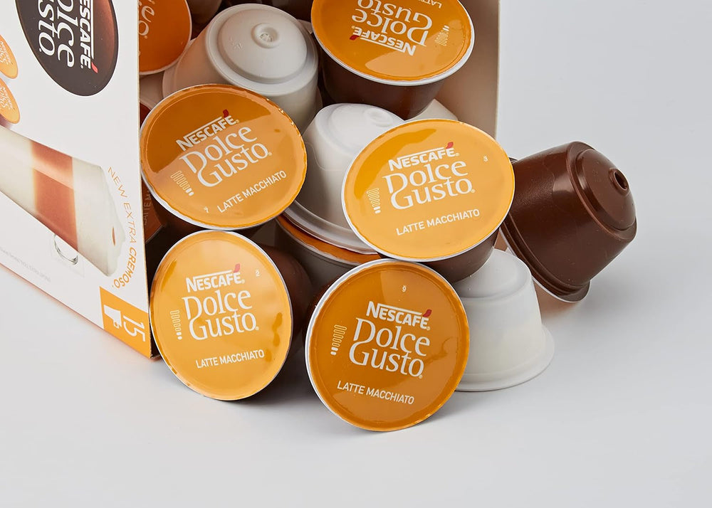 NESCAFÉ Dolce Gusto Latte Macchiato Vorratsbox 90 Kaffeekapseln (Aromatischer Espresso & Latte Macchiato Caramel